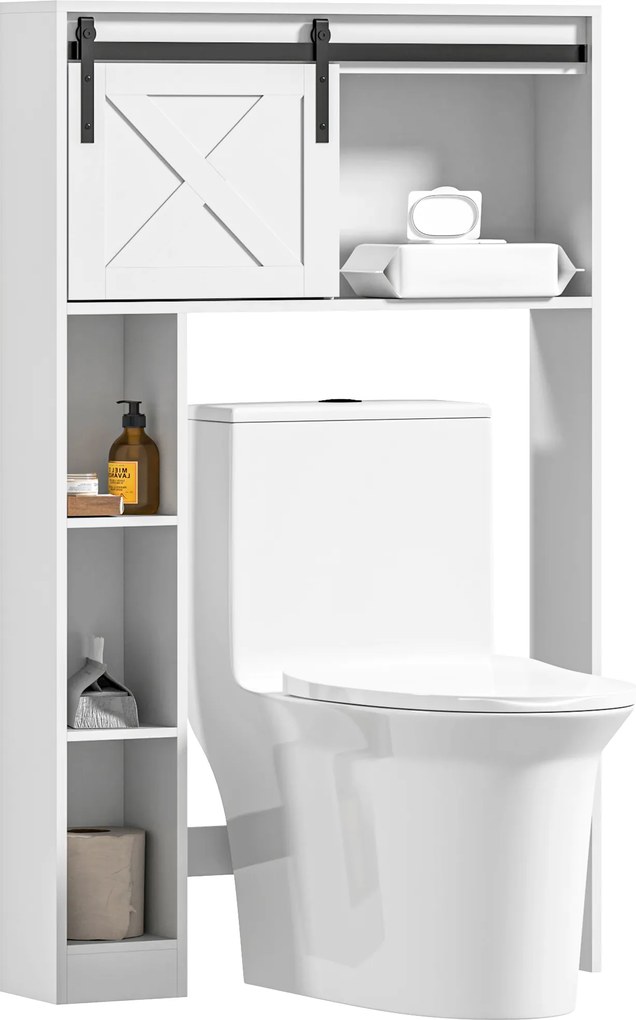 Móvel de arrumação 80 x 17 x 128 cm para colocar por cima da sanita com porta de correr, prateleira ajustável, branco
