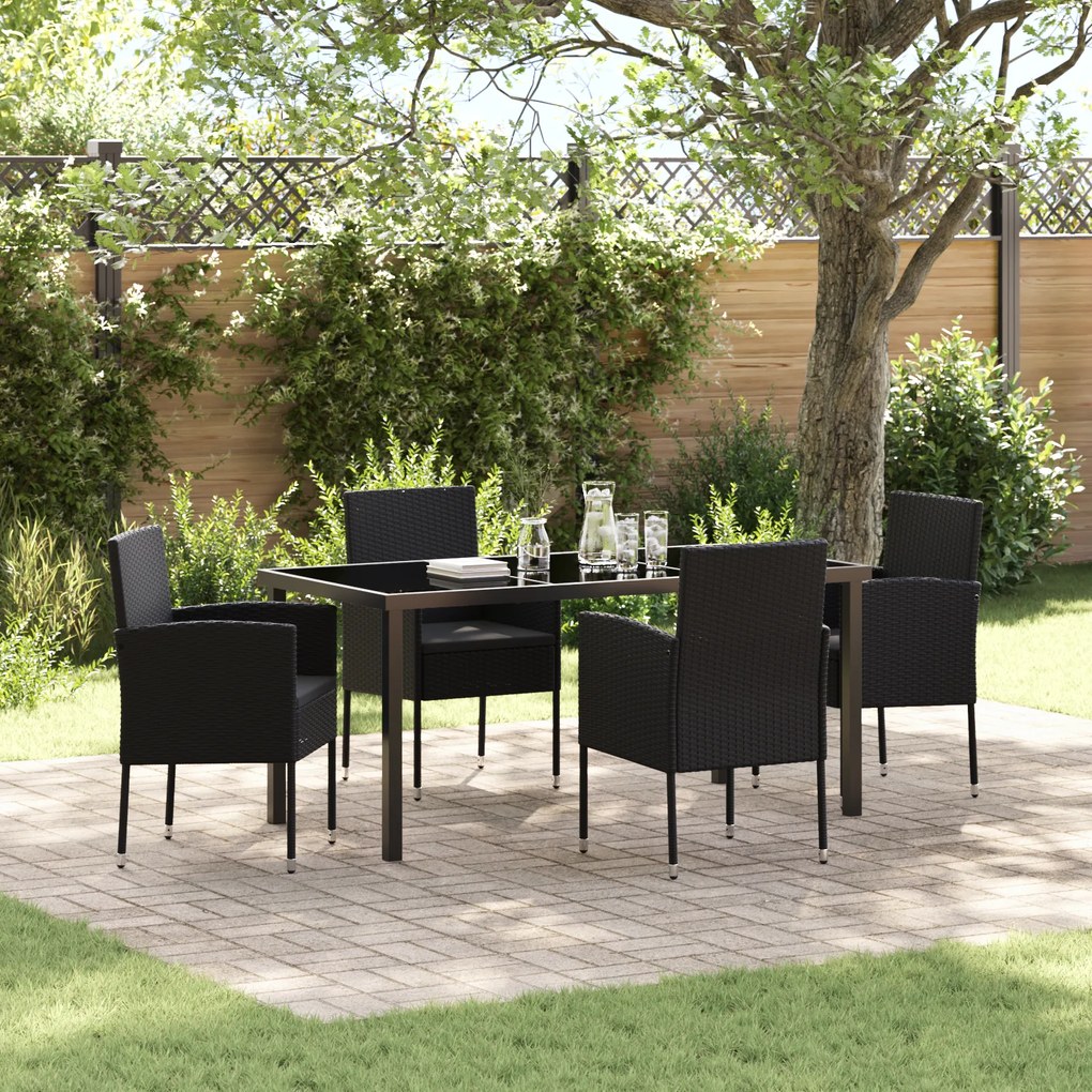 vidaXL Conjunto de Jantar Jardim com Almofadas Pretas em Rattan Poliéster