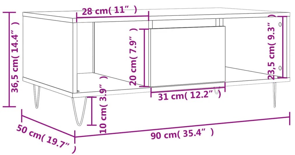 Mesa de centro 90x50x36,5 cm derivados madeira carvalho sonoma