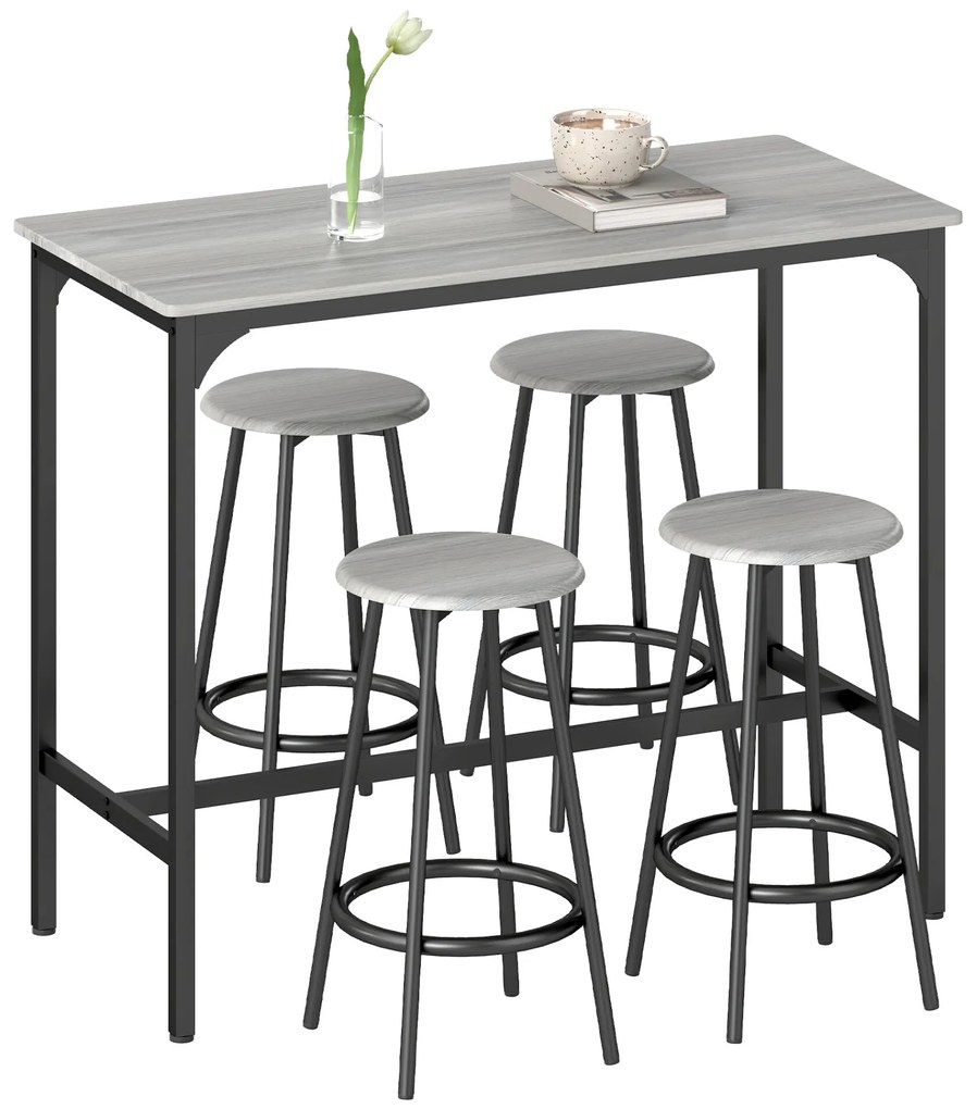 HOMCOM Conjunto de Móveis Altos Mesa e Cadeiras de Bar com 5 Peças Mesa de Refeição Industrial e 4 Bancos Redondos com Estrutura de Metal para Pub Sala de Jantar Cinzento e Preto