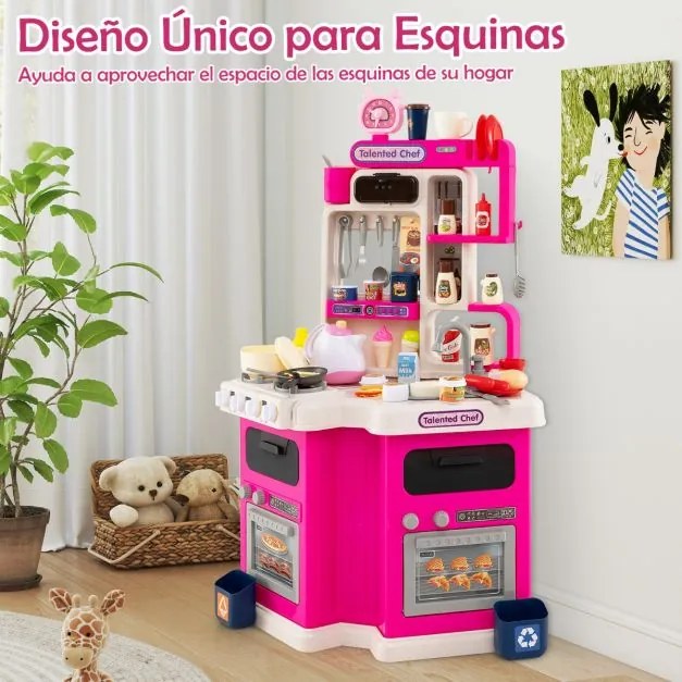 Cozinha de Brincar para crianças de canto com luzes e sons realistas Fogão com vapor Pia de brinquedo e 113 acessórios Rosa
