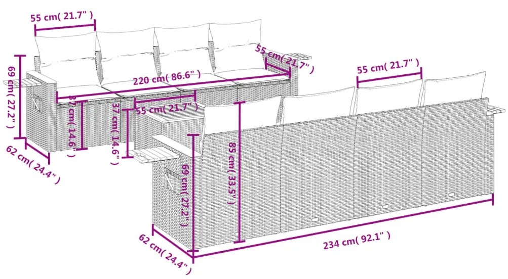 9 pcs conjunto de sofás p/ jardim com almofadões vime PE bege