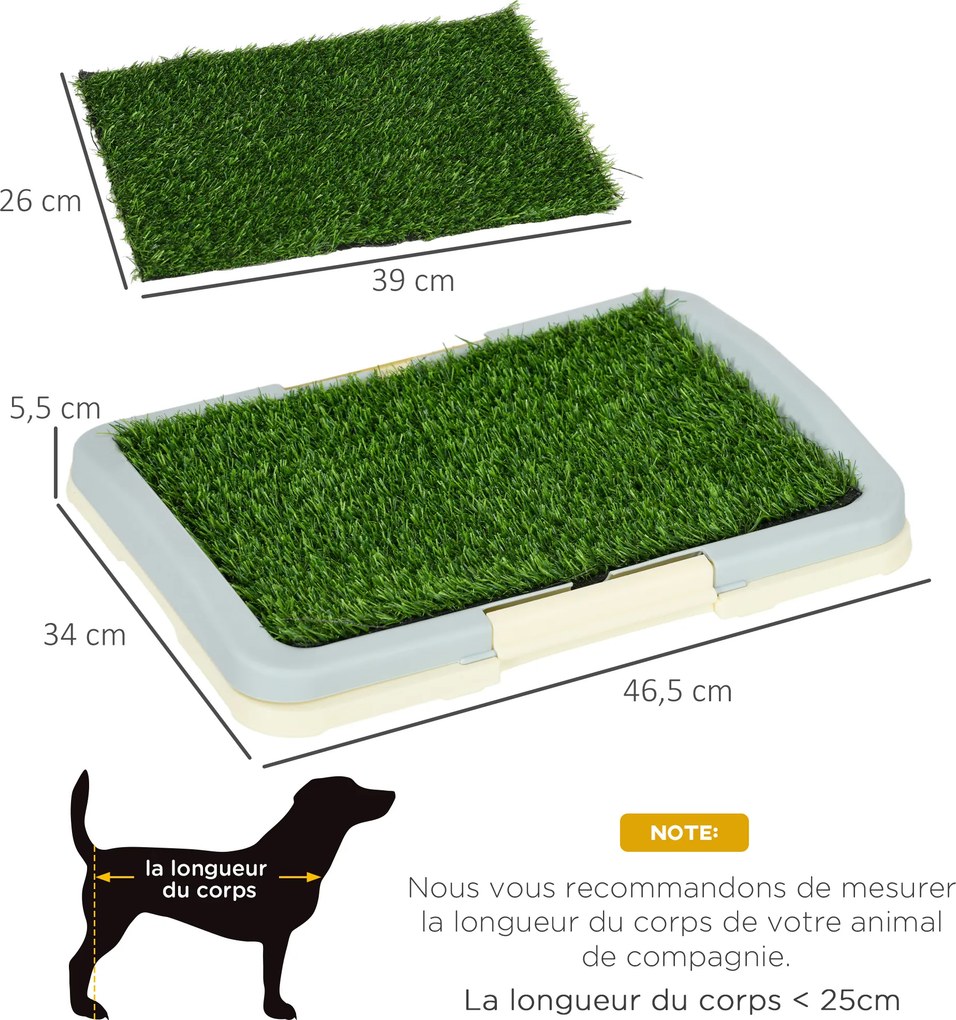 Caixa de areia para cães com tapete de relva artificial, tabuleiro e painel de rede, 46,5 x 34 cm