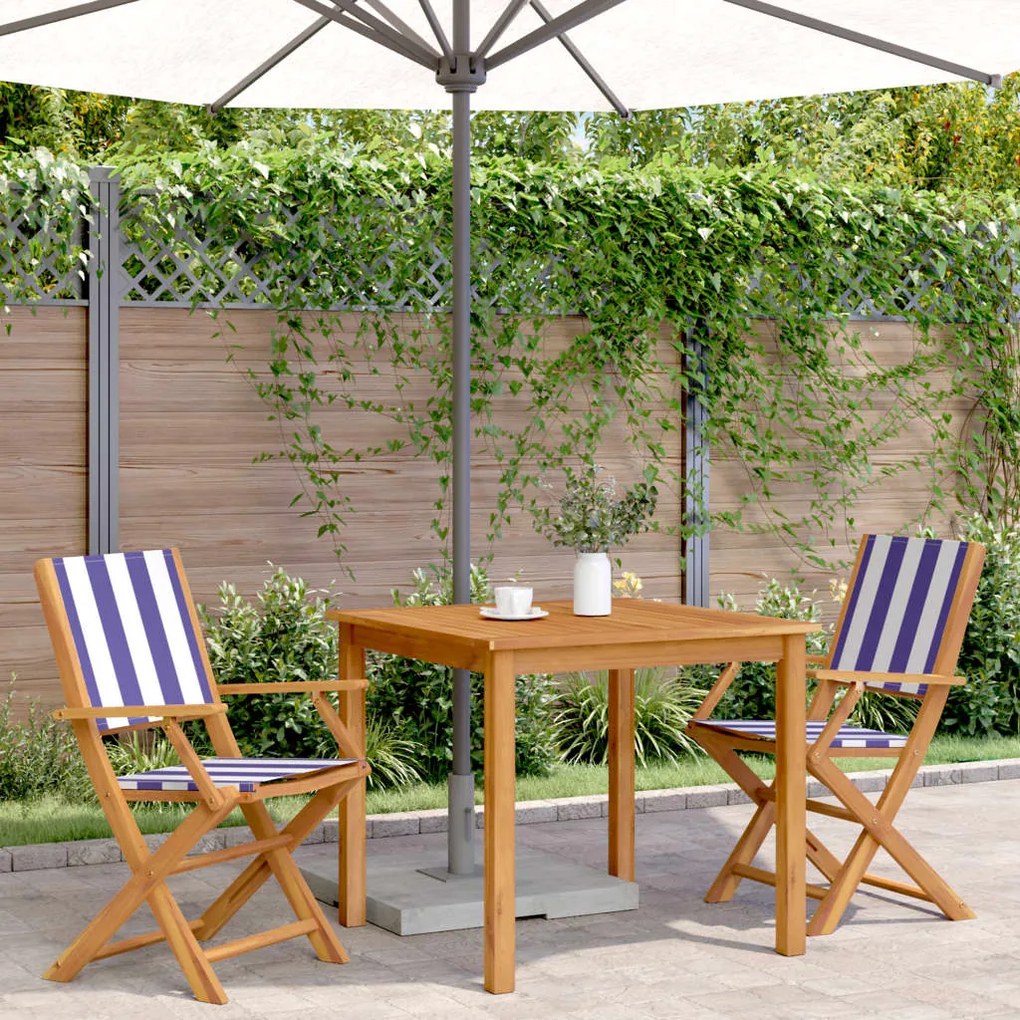 Cadeiras jardim 2 pcs madeira acácia maciça/tecido azul/branco