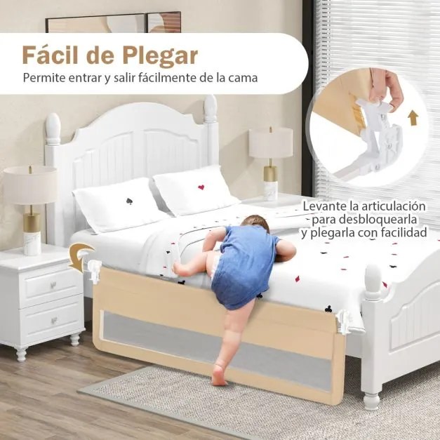 Barra de Cama Dobrável para Crianças 180 x 41 x 55 cm com Correias de Segurança e Capa de Tecido Oxford Removível Bege