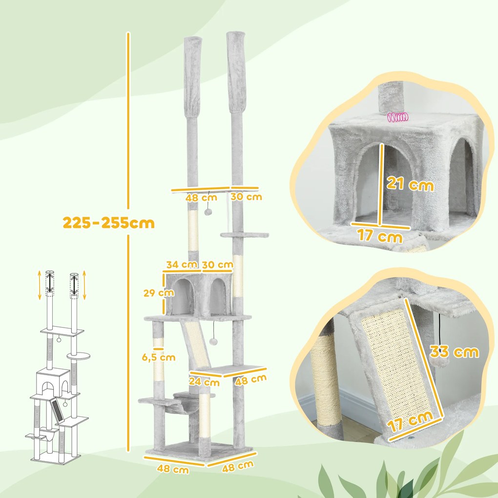 Árvore para gatos do chão ao teto, com arranhador, altura ajustável de 225 a 255 cm, 6 níveis e nicho com rede, cinza claro