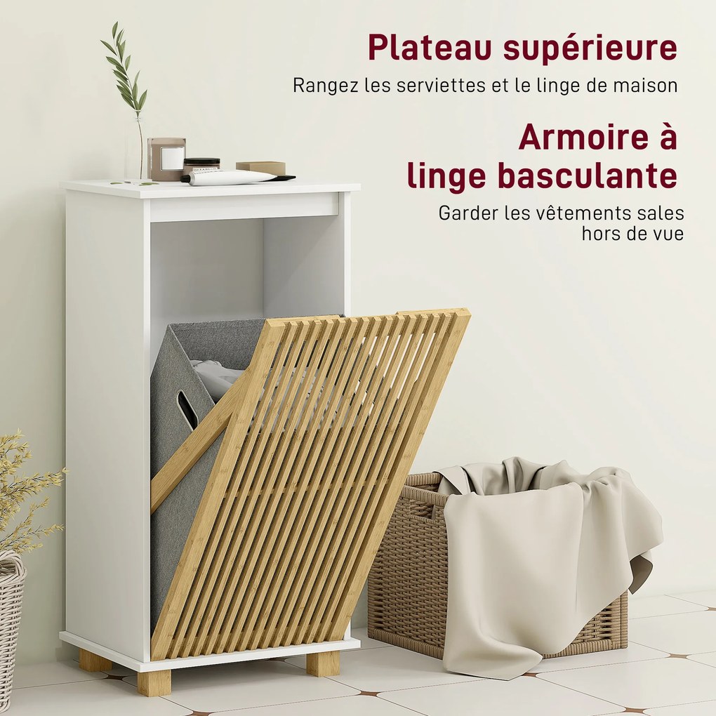 Móvel de casa de banho com cesto para roupa suja, porta com ripas de bambu e saco removível, branco e com efeito de madeira natural