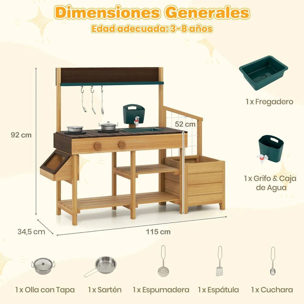 Cozinha Brincar para crianças ao ar livre para crianças de madeira com jardineira Pia removível Torneira Tachos Depósito de água Castanha