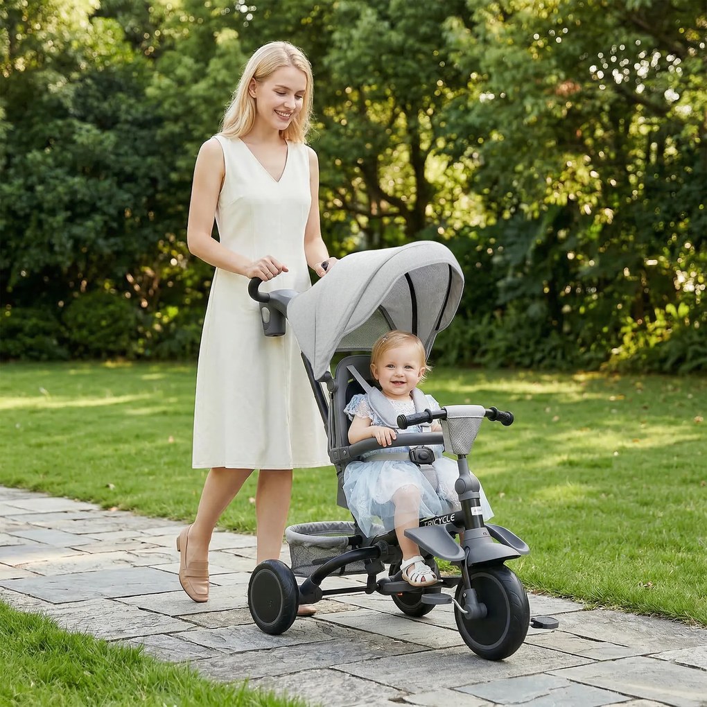 Triciclo Evolutivo 6 em 1 Dobrável Assento Giratório de 360° Guidão Parental Encosto Reclinável Toldo 111,5x52x98 cm Cinza
