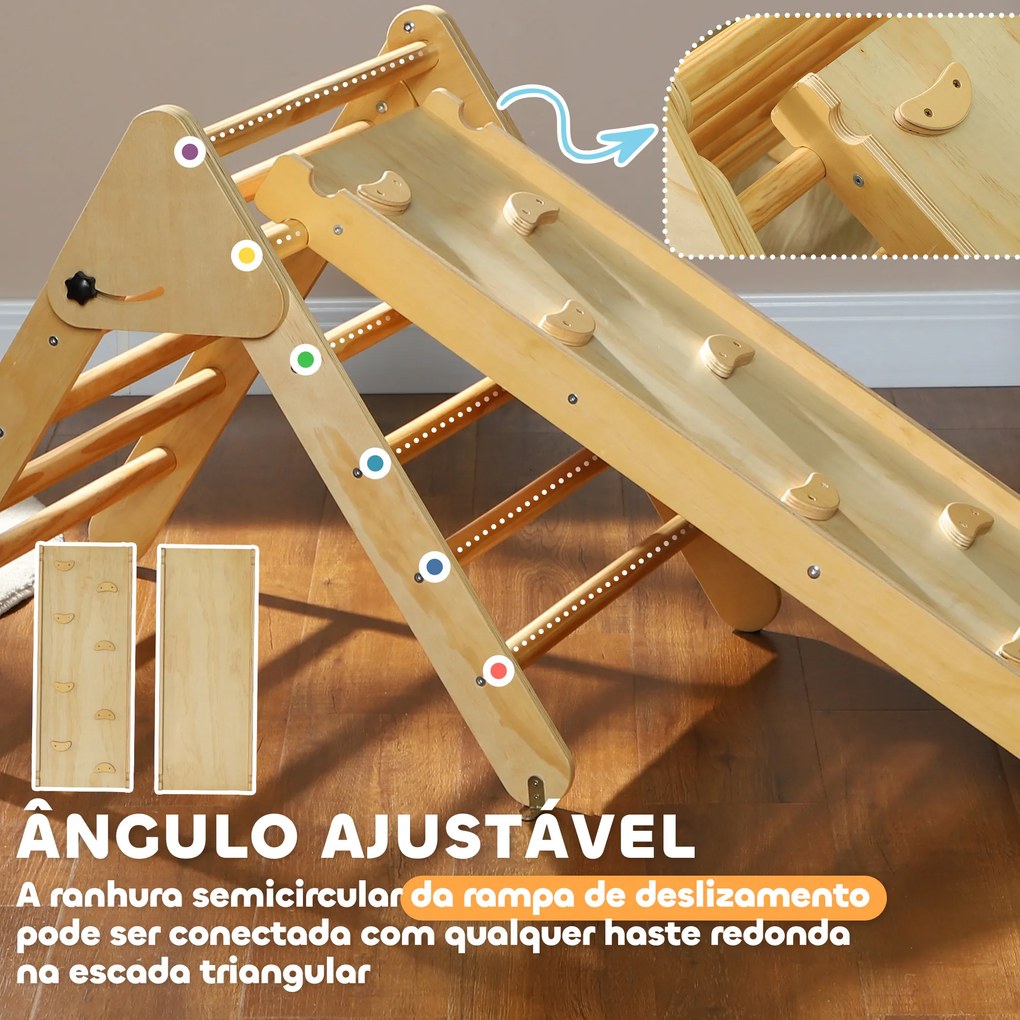 Triângulo de Escalada de Madeira 2 em 1 Escalada para Crianças de 18-48 Meses com Rampa para Deslizar ou Escalar 147x64,5x63 cm Madeira