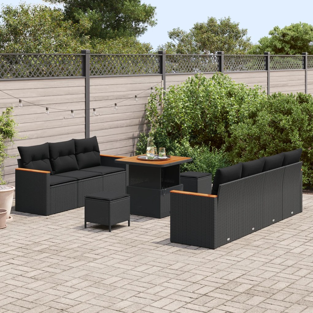 Conjunto de Sofá de Jardim vidaXL de 10 Peças com Almofadas Preto Vime