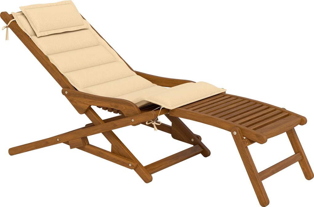 Outsunny Espreguiçadeira Dobrável de Madeira de Acácia com Descanso para Pés Removível e Almofada com Apoio de Cabeça 158x61x70 cm Bege | Aosom Portugal