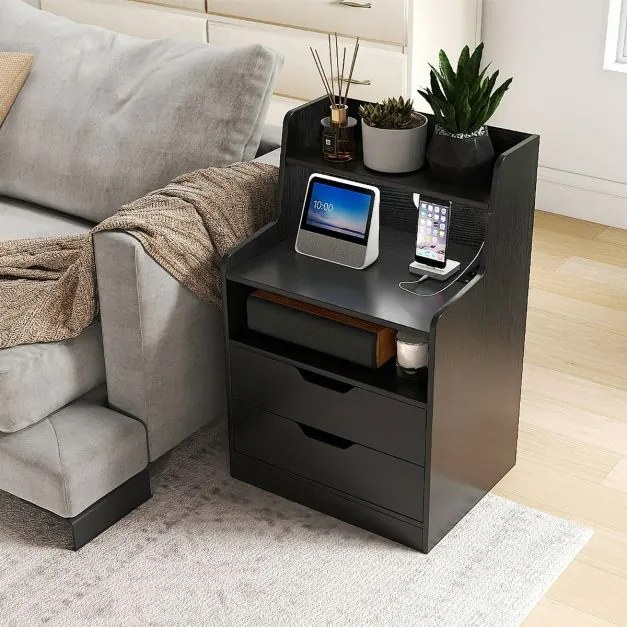 Mesa de cabeceira LED com estação de carregamento com 2 gavetas e prateleira aberta 45 x 35 x 72,5 cm Preto