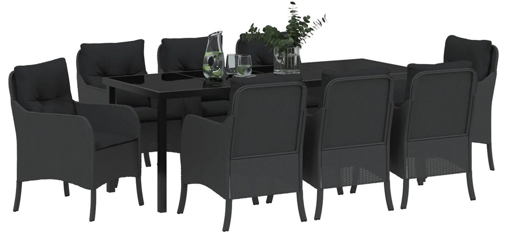 Conjunto de Jantar de Jardim com Almofadas Preto Rattan Poliéster