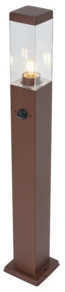 Candeeiro de exterior castanho ferrugem com vidro transparente 80cm IP44 com tomada e sensor de movimento - Malios Moderno