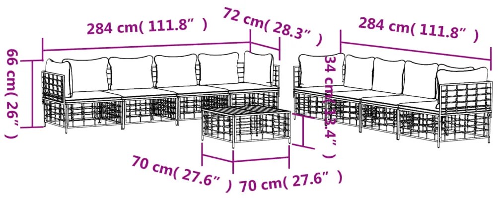 9 pcs conjunto lounge de jardim c/ almofadões vime PE antracite