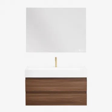 Conjunto De Móvel De Casa De Banho Em Madeira E Chapa De Freixo Com Lavatório Integrado Ona Madeira Escura & Retangular Led - Sklum
