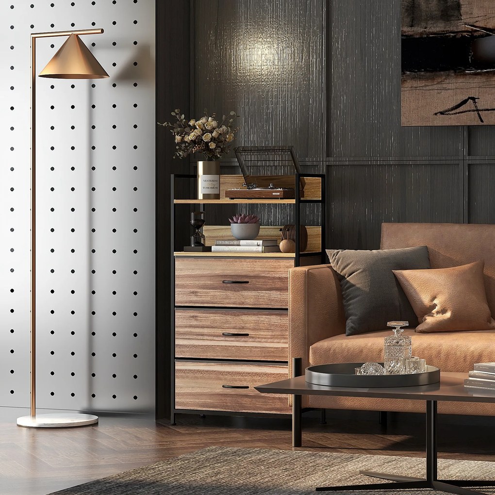 Móvel de arrumação de estilo industrial, com 3 gavetas tecido e 2 prateleiras - 60 x 29 x 101 cm - MDF e metal natural, preto