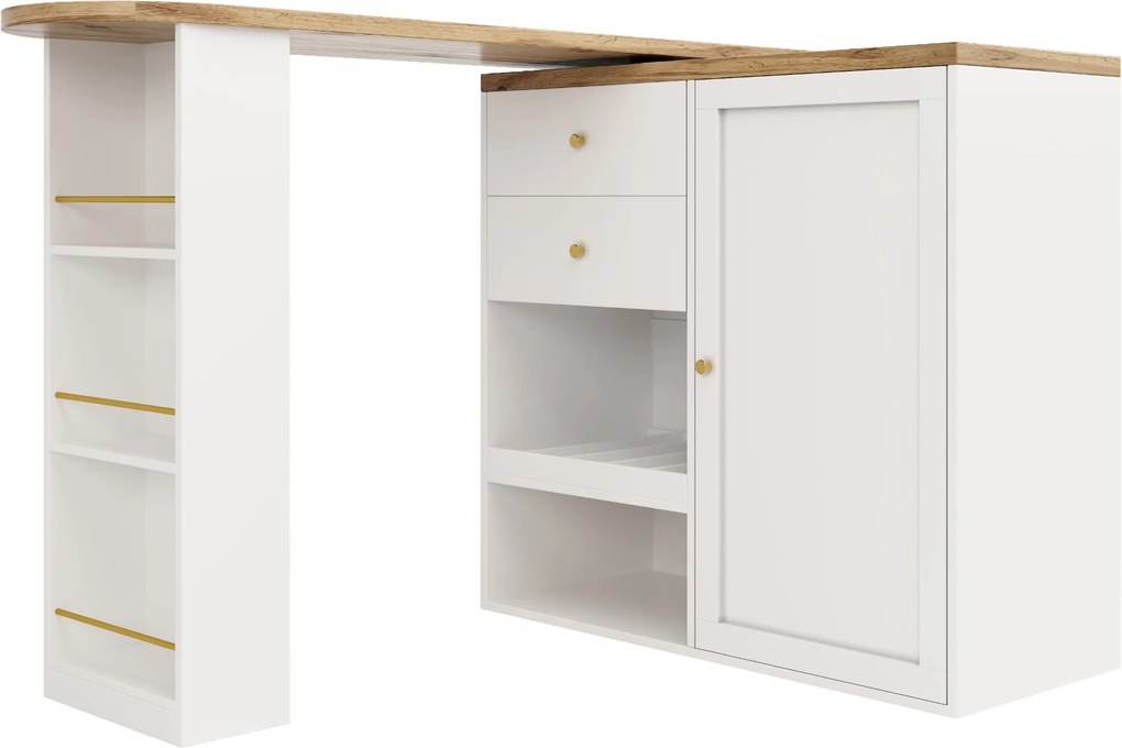 Mesa de bar giratória 360° com 2 gavetas e armário com porta de correr, 3 níveis de arrumação abertos, Branco