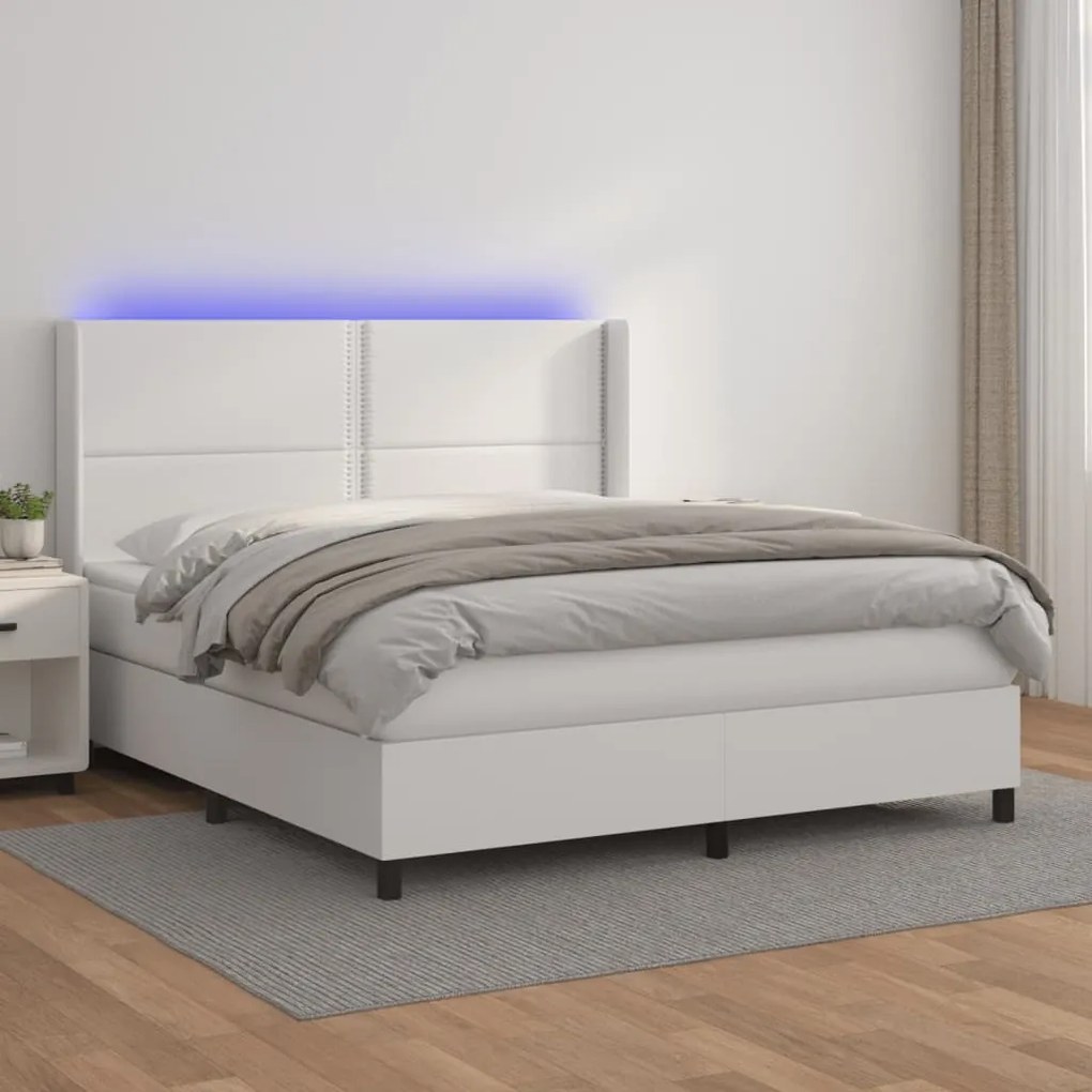 Cama box spring c/colchão/LED 160x200cm couro artificial branco