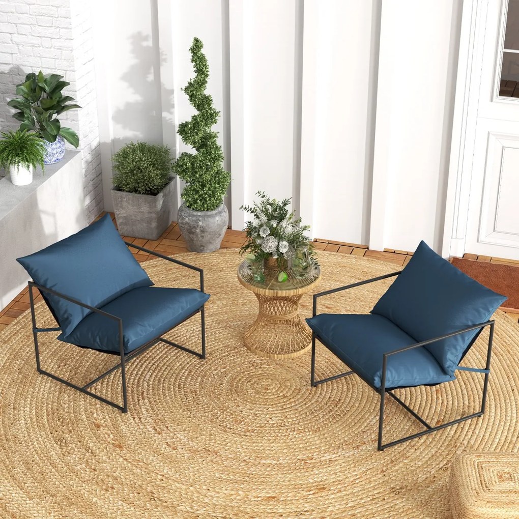 Conjunto de 2 Poltronas com Almofadas de Assento Sling Encosto Assento Tecido e Estrutura de Metal para Varanda 71 x 71 x 61 cm Azul + Preto