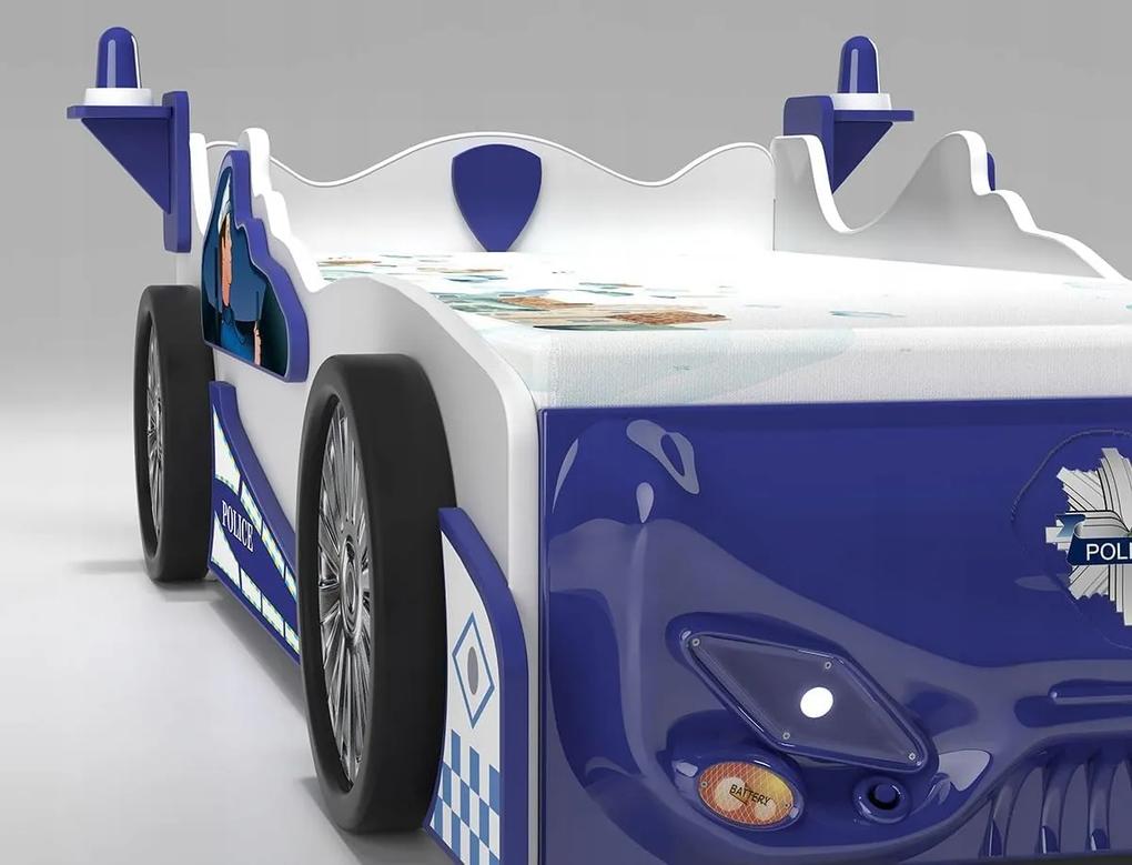 Cama para criança, carro de polícia 220 x 115 x 60 cm Com Luzes LED, Oferta colchão e estrado Azul e Branco