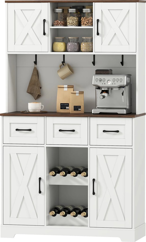 Amário de Cozinha Alto com Suporte para 8 Garrafas 4 Portas 3 Gavetas Prateleiras Abertas100x38x172 cm Branco