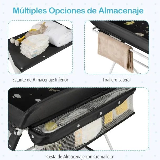 Mesa Trocador fraldas para Bebés Portátil e Dobrável Altura Ajustável 3 Níveis Organizador Móvel com Cesto Prateleira Rodas e Travão Preta