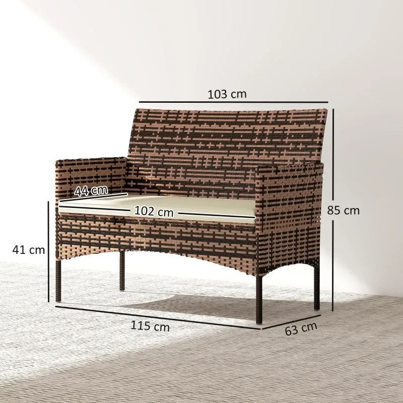 Sofá de Exterior em Rattan de 2 Lugares Sofá de Jardim com Almofada Lavável Estrutura de Aço para Varanda Caqui