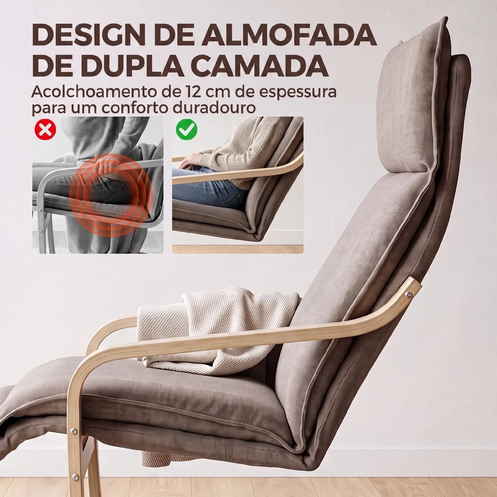 Poltrona para Sala em Tecido Aspeto Linho com Apoio para os Pés Baloiço Suave Encosto Alto e Assento Largo Castanho Claro