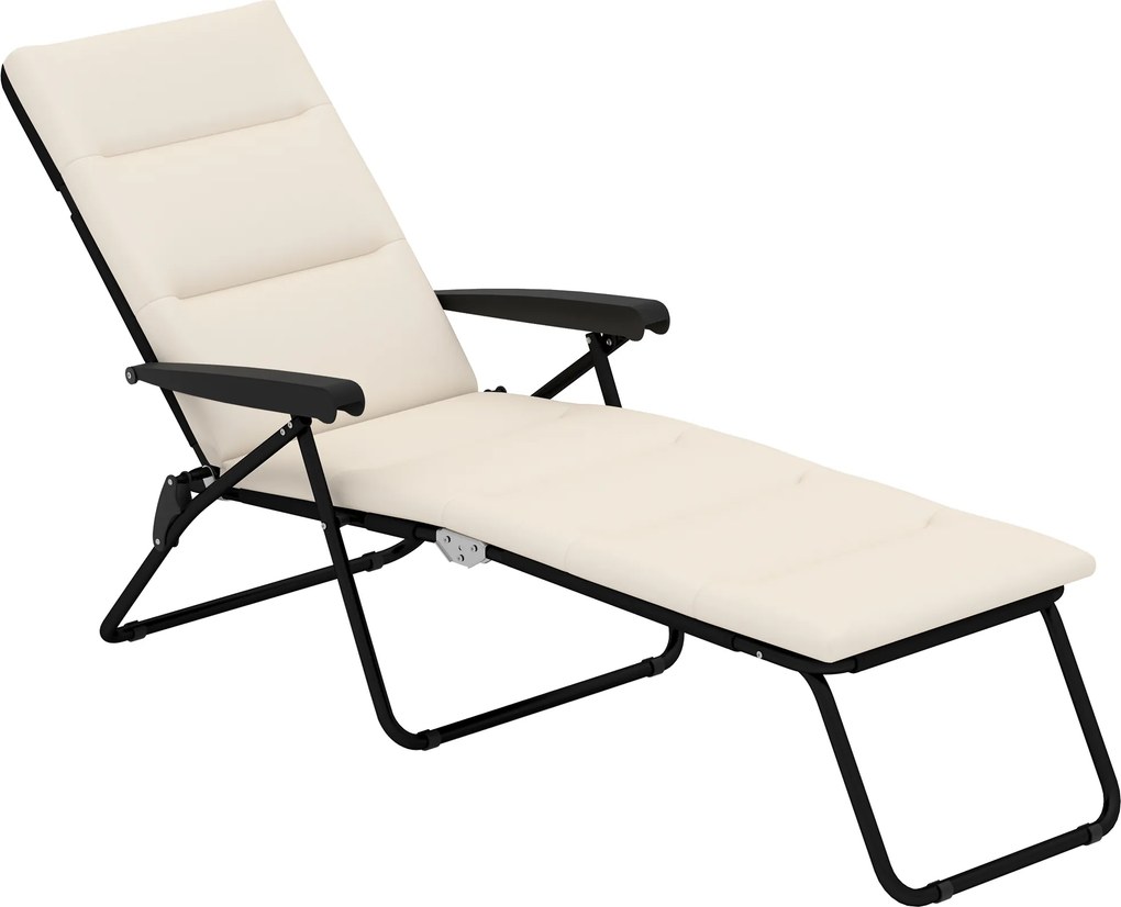 Outsunny Espreguiçadeira dobrável reclinável 6 posições com colchão + apoios de braços aço poliéster 153 x 58,5 x 89 cm creme | Aosom Portugal