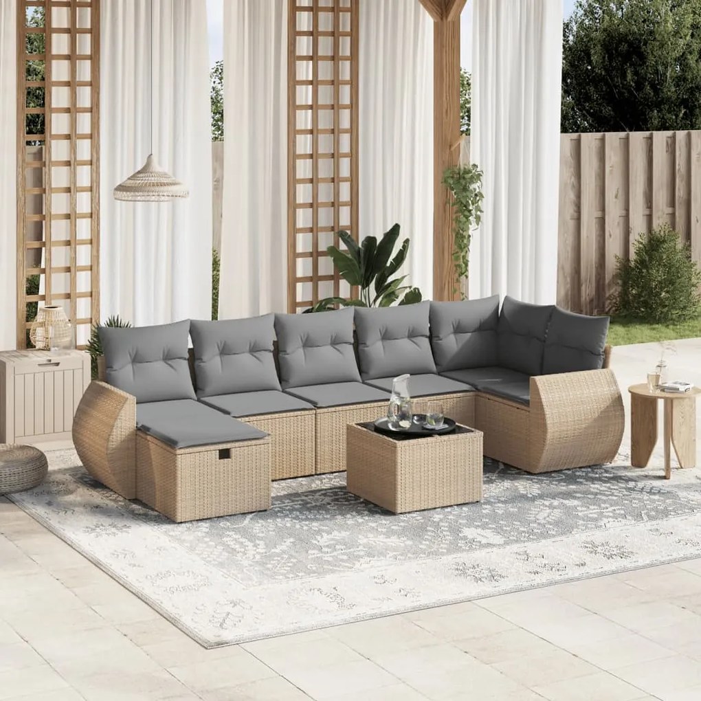 vidaXL 8 pcs conj. sofás jardim c/ almofadões vime PE bege misturado