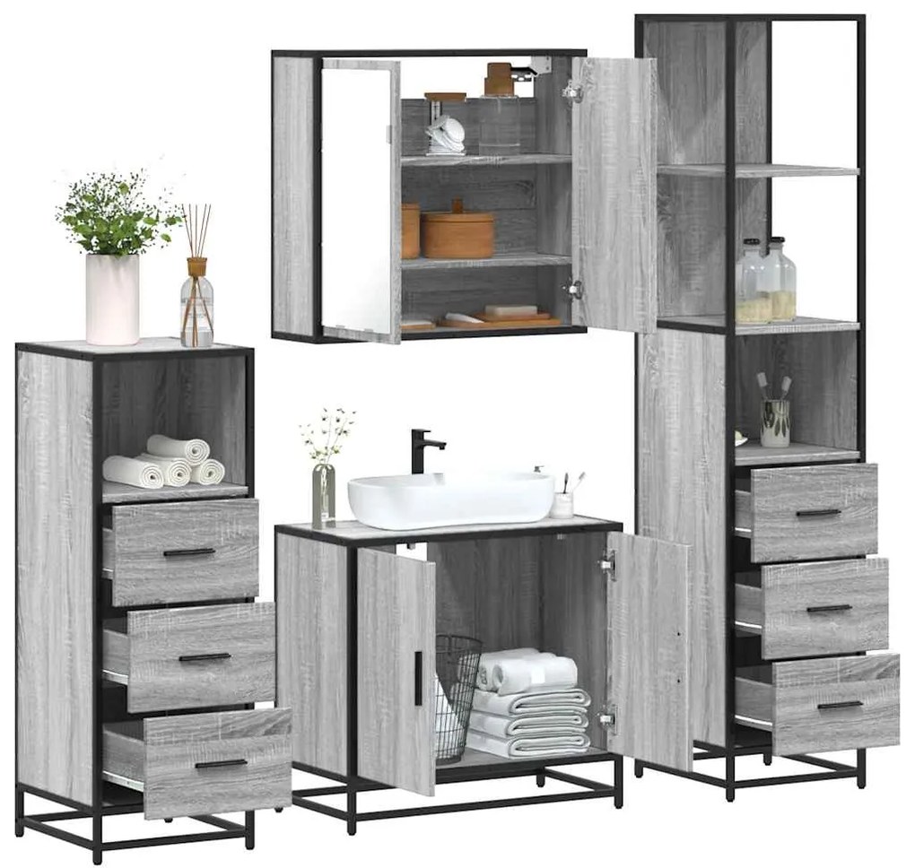 4 pcs Conjunto móveis casa de banho madeira proc. cinza sonoma