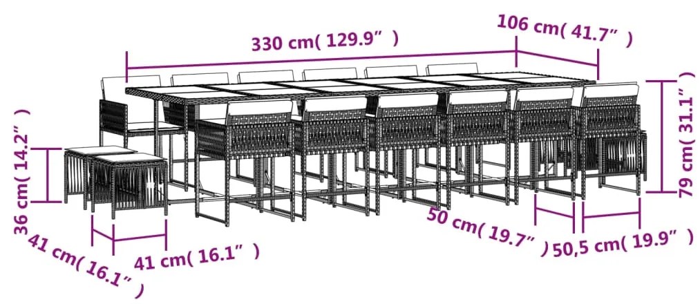 17 pcs conj. de jantar p/ jardim c/ almofadões vime PE cinzento