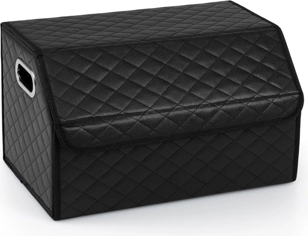 Organizador dobrável 30 x 47 x 27,5 cm para porta-malas de carros 35L com tampa acolchoada em couro e divisória ajustável Preta