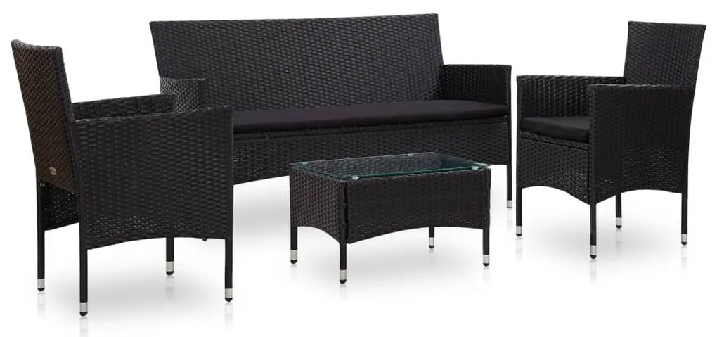 4 pcs conjunto lounge de jardim c/ almofadões vime PE preto