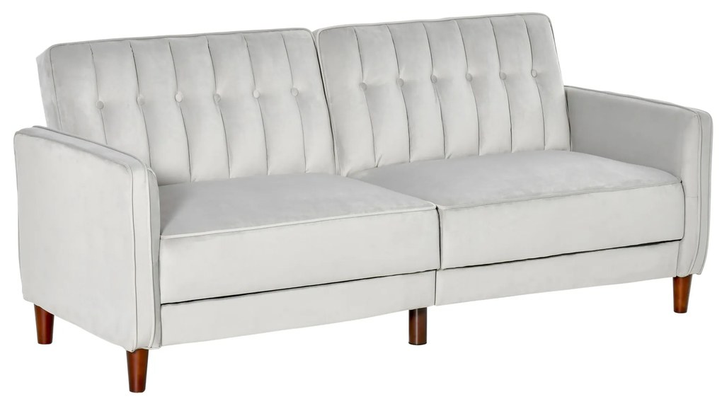 HOMCOM Sofá de 2 Lugares Convertível em Cama Estofado Aveludado com Encosto Ajustável e Pés de Madeira para Sala de Estar Escritório 189x81x83,5cm Cinza Claro