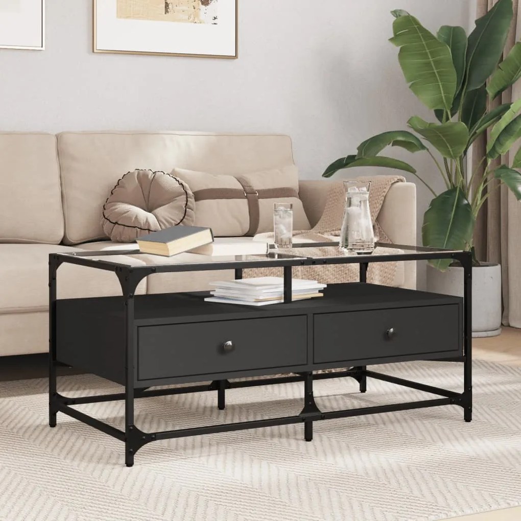 Mesa de centro com topo em vidro preto 98,5x50x45 cm aço