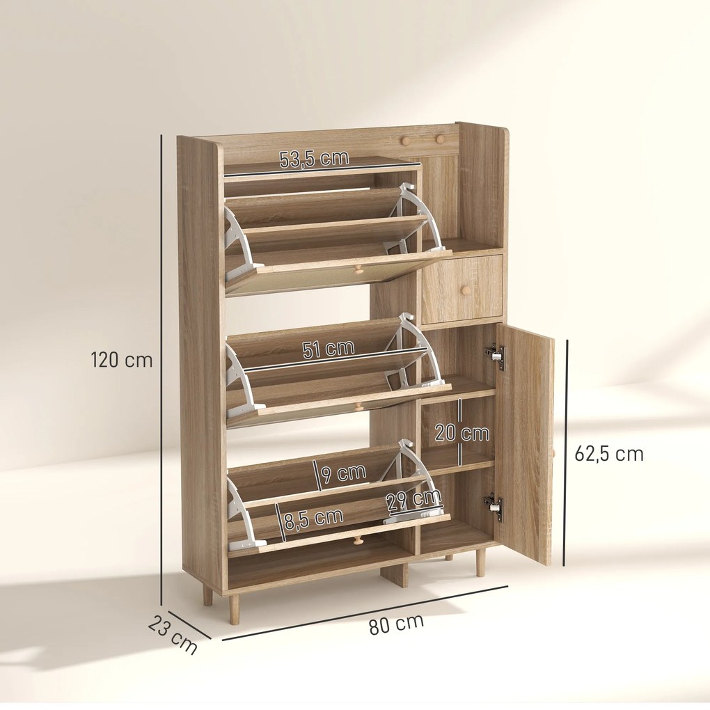 Móvel Sapateira com 3 Gavetas com Frente em Vime para 12 Pares de Sapatos Prateleiras Ajustáveis 80x23x120 cm Carvalho