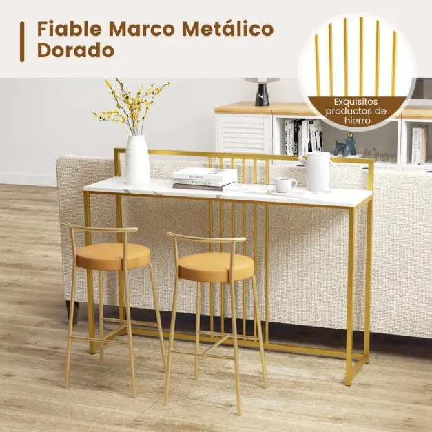 Mesa Consola de entrada com superfície em mármore artificial e estrutura em metal dourado 120 x 32 x 89 cm Branco + Dourado
