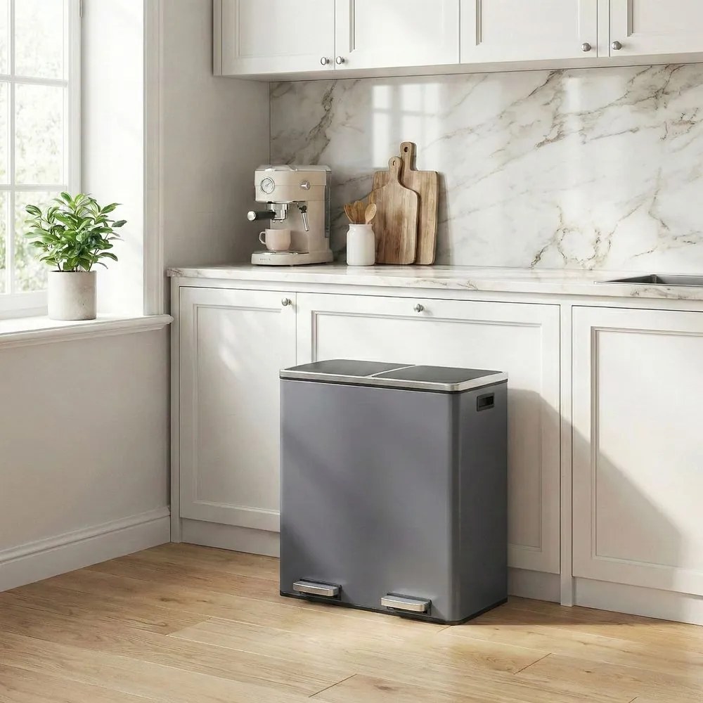 Caixote do lixo com 2 compartimentos e tampa articulada, 2 x 30 litros, 58,5 x 32 x 65 cm cinzento ardósia