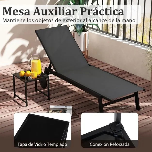 Conjunto de Espreguiçadeira jardim e Mesa de vidro temperado com Encosto ajustável com Rodas para jardim e exterior Cinzenta e Preto