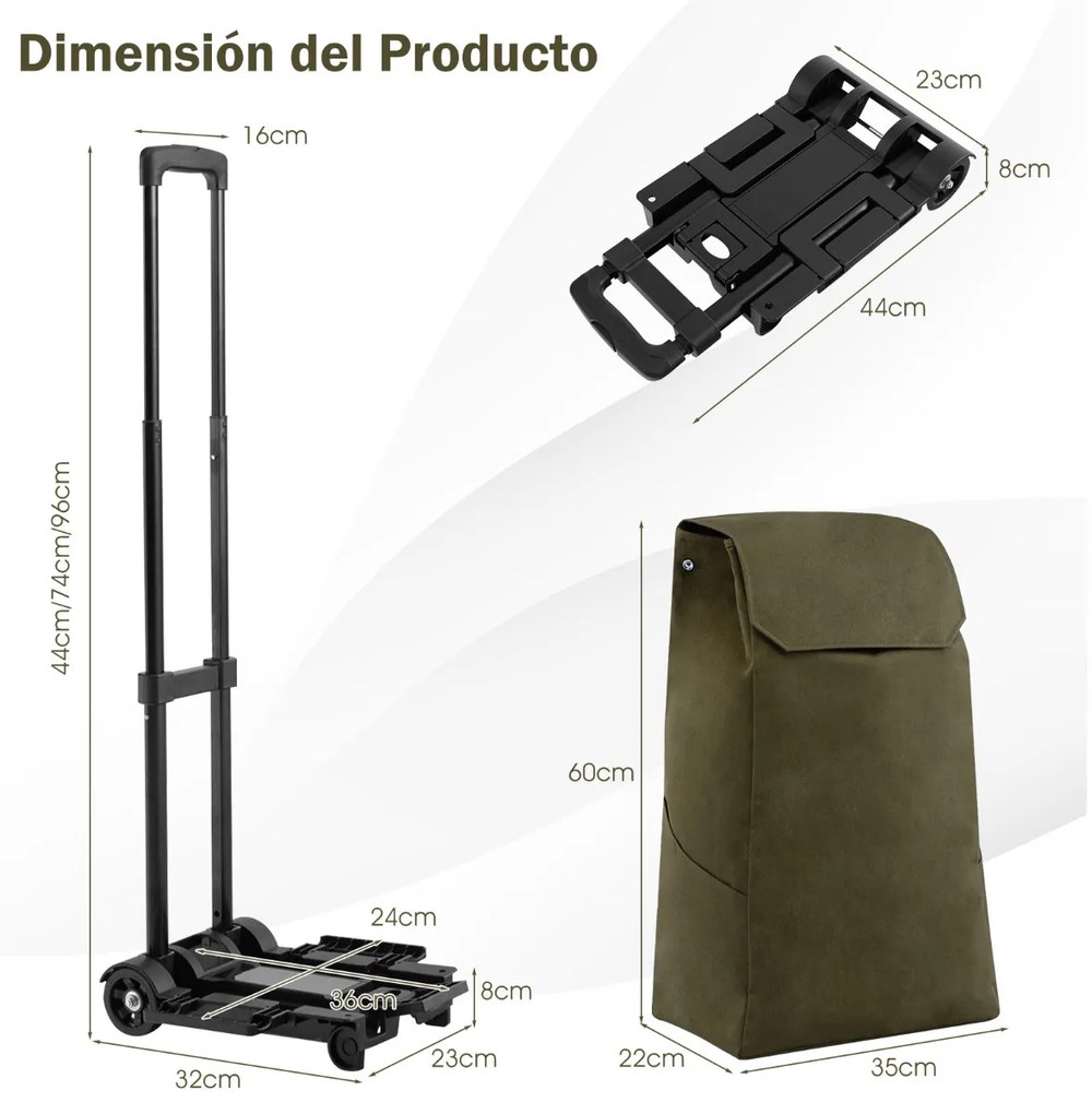 Carrinho de compras duplo portátil com bolsa removível 2 rodas ABS flexíveis para transporte de bagagem verde