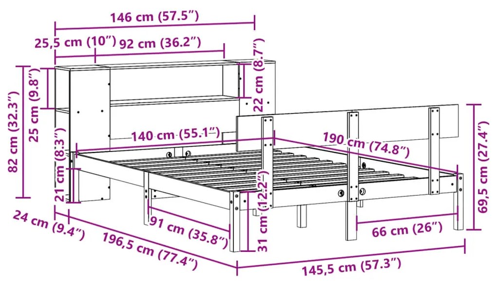 Cama com estante sem colchão 140x190 cm pinho maciço