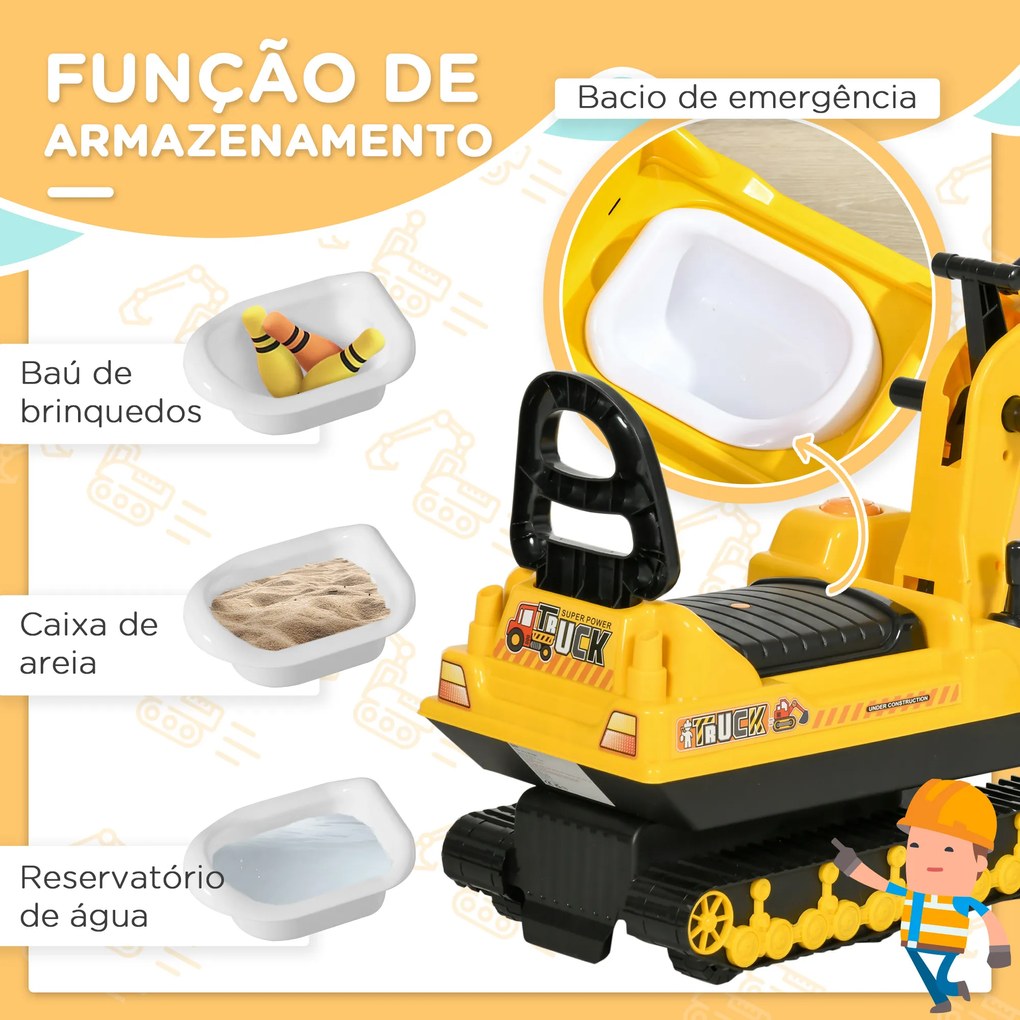 Escavadora sem Pedais com Braço Móvel para bébes Carro Andador com Assento de Armazenamento Pá Dianteira e Buzina 78x24x58,5 cm Amarelo