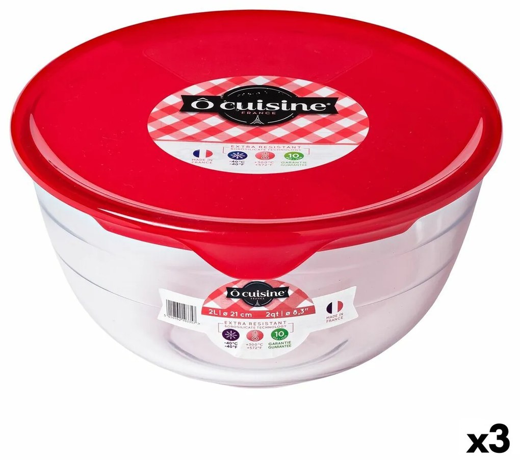 Lancheira Redonda com Tampa Ô Cuisine Prep&amp;store Ocu Vermelho 2 L 22 x 22 x 11 cm Vidro (3 Unidades)