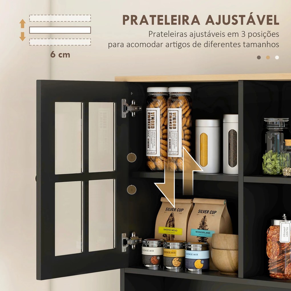 Armário de Cozinha com Prateleiras e Portas de Vidro Armário Alto de Cozinha para Pequenos Eletrodomésticos e Louças 80x37x183 cm Preto