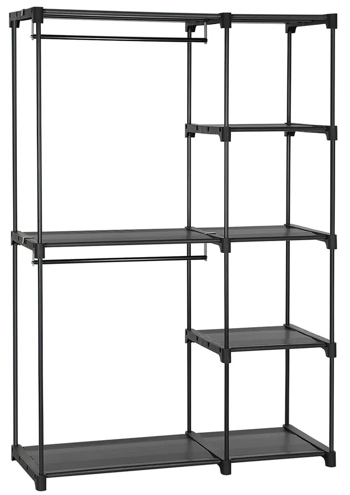 Roupeiro em tecido, 112 x 43 x 165 cm, preto, prateleiras e varão, dobrável