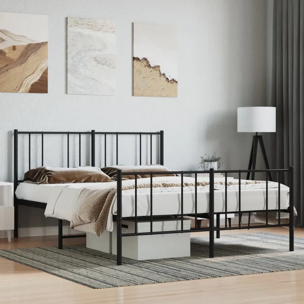 352497 vidaXL Estrutura de cama com cabeceira e pés 135x190 cm metal preto