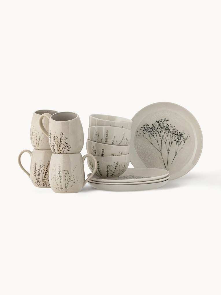 Conjunto de pequeno-almoço artesanal com padrão de ervas Bea, 4 pessoas, conjunto de 12